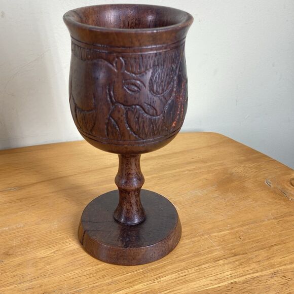 Vintage 6" African Hand-Carved Rhino And Elephant Wood Wine Drinking Cup Goblet - Picture 1 of 15